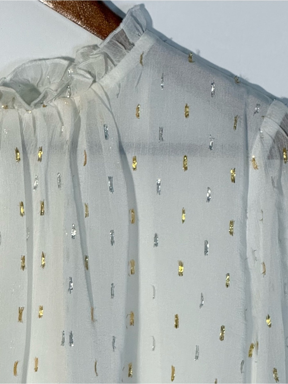 Melloday Boho Romantic Gold & Silver Flecked Balloon Sleeved Blouse Size Small - Picture 3 of 9